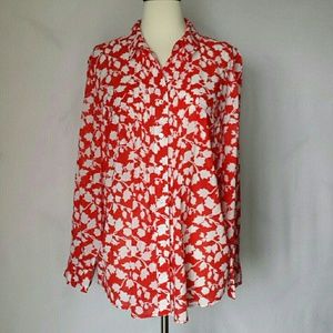 Chico's Red White Floral Button Front Shirt Size 3